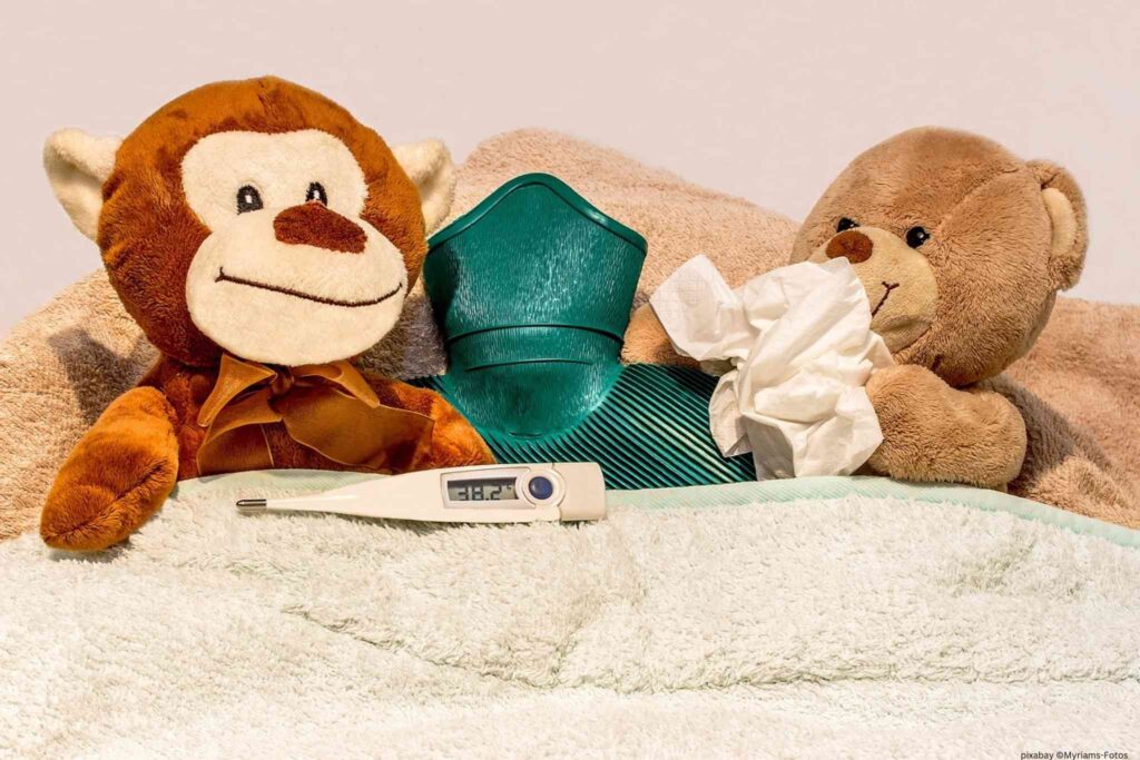 Ein erkälteter Teddybär mit Taschentuch mit einem Affen mit Fieberthermometer und einer Wärmflasche im Bett